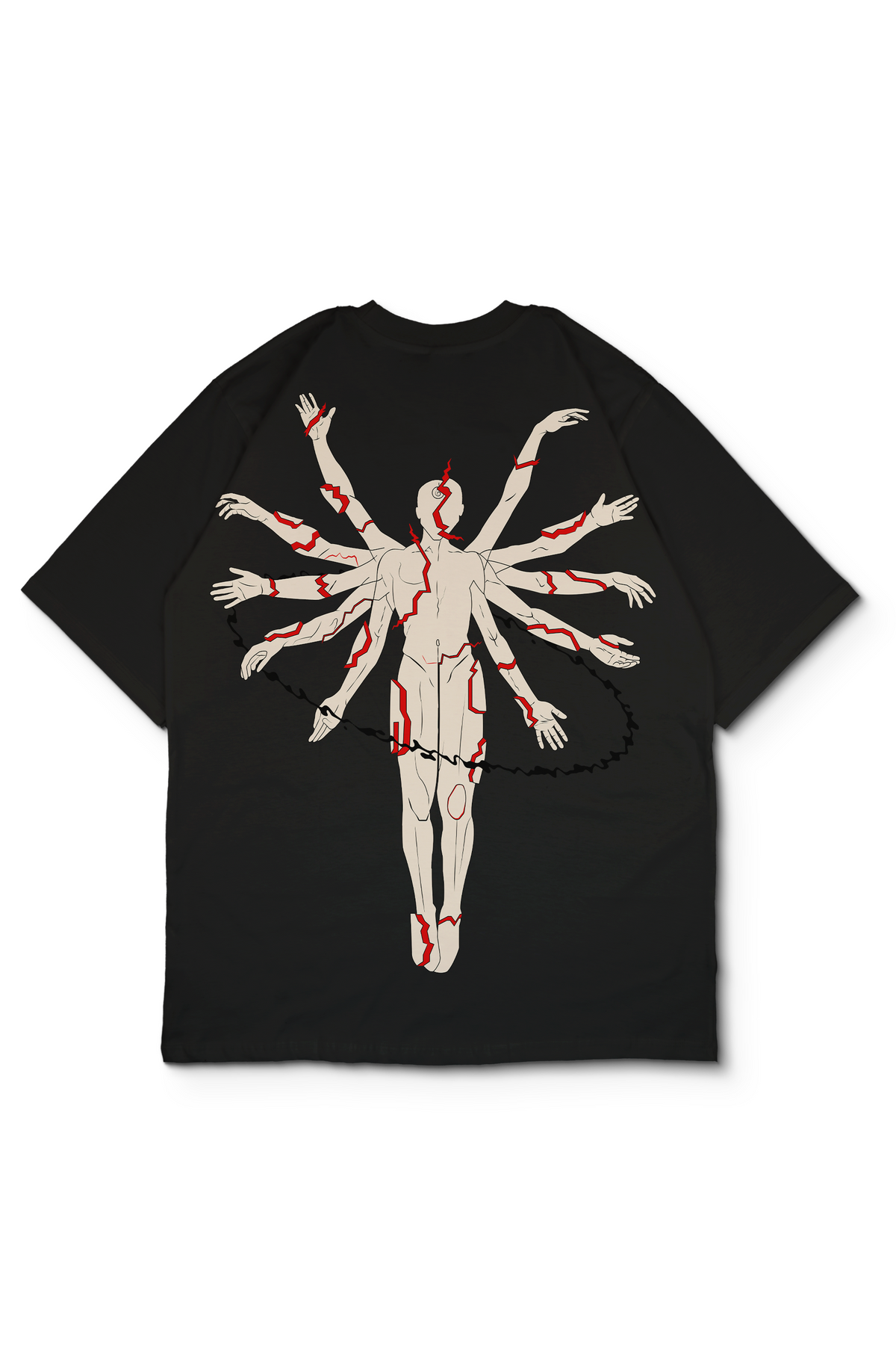 An Oversized t-shirt with a large graphic print on the back showing a multi-armed figure in beige with red veins and a black chain. An Angel depiction by the designer. Design by bakaka.