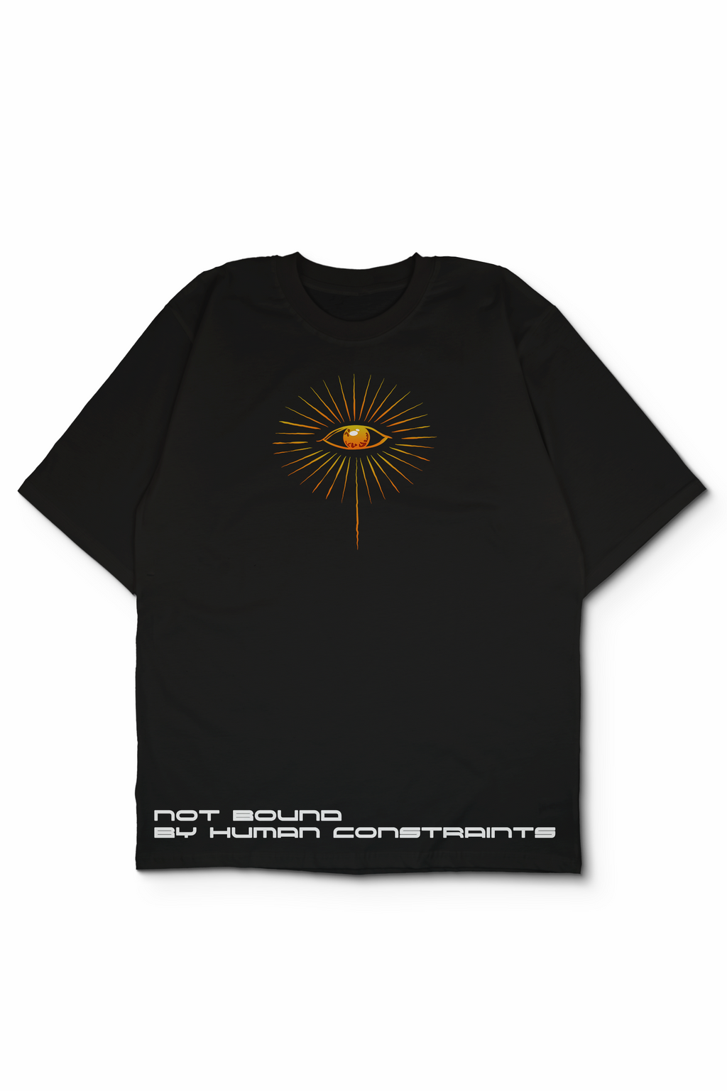 An Oversized t-shirt with a central graphic of a stylized eye surrounded by golden-orange rays, and white text at the bottom reading 'NOT BOUND BY HUMAN CONSTRAINTS'. Design by Bakaka.