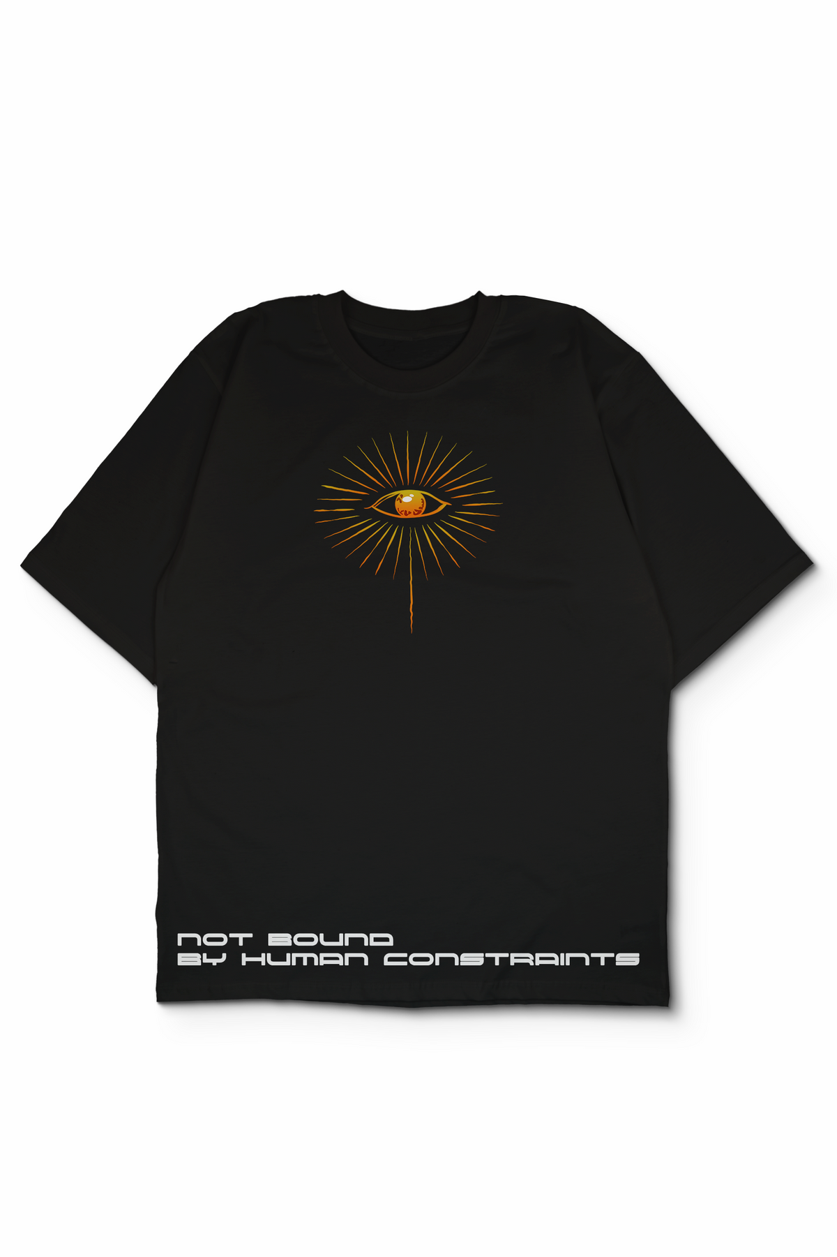 An Oversized t-shirt with a central graphic of a stylized eye surrounded by golden-orange rays, and white text at the bottom reading 'NOT BOUND BY HUMAN CONSTRAINTS'. Design by Bakaka.