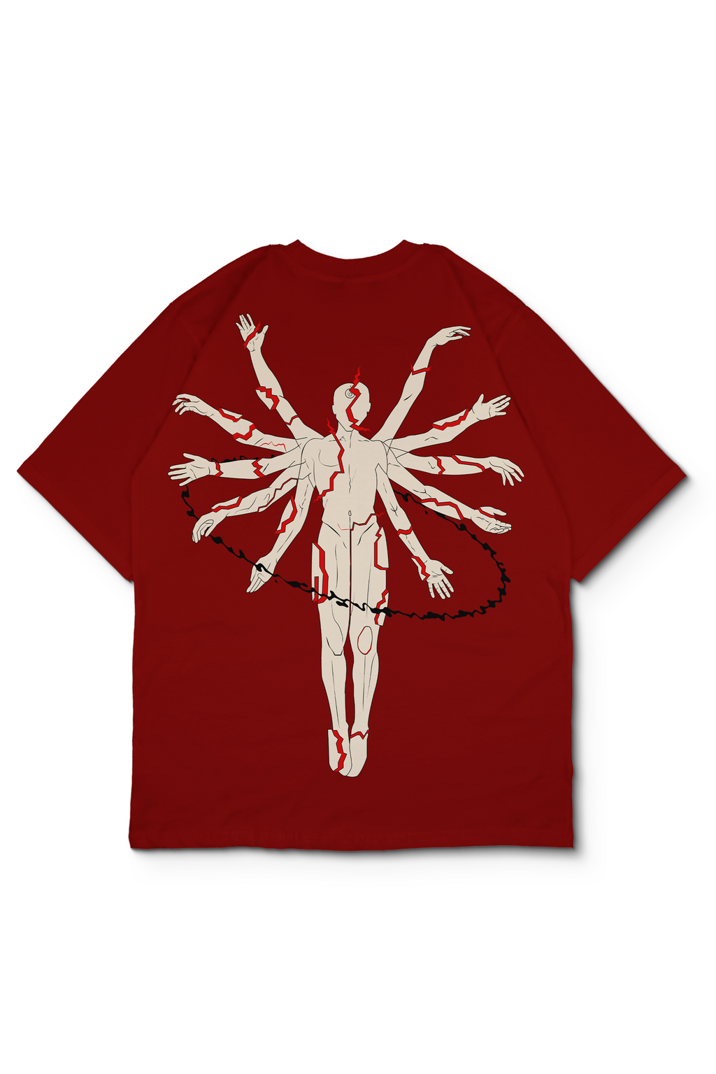 An Oversized t-shirt with a large graphic print on the back showing a multi-armed figure in beige with red veins and a black chain. An Angel depiction by the designer. Design by bakaka.