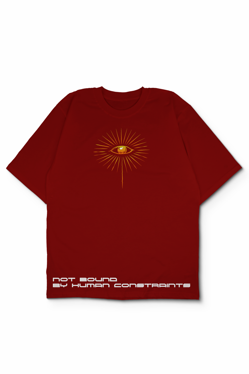 An Oversized t-shirt with a central graphic of a stylized eye surrounded by golden-orange rays, and white text at the bottom reading 'NOT BOUND BY HUMAN CONSTRAINTS'. Design by Bakaka.