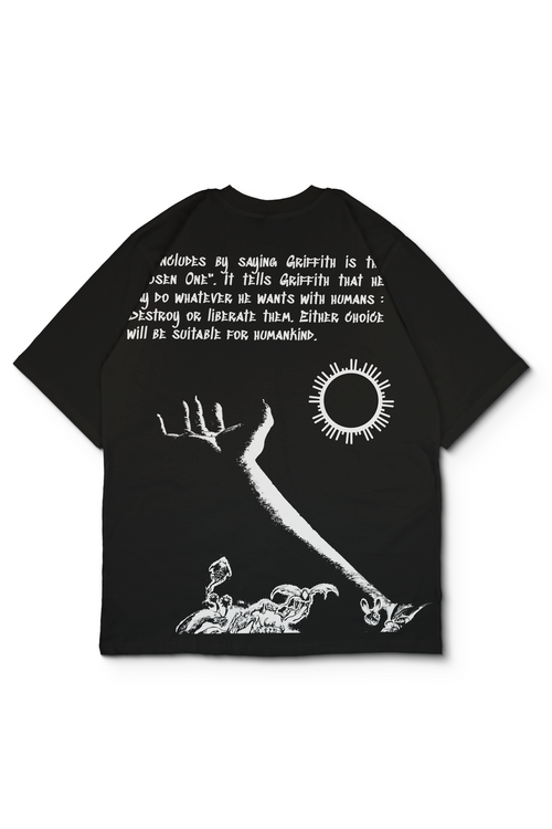 An Oversized t-shirt with a white graphic print on the back, featuring a quote by Berserk Manga and surreal illustrations of a skeletal hand, a sun, and the ritual. Design by Bakaka