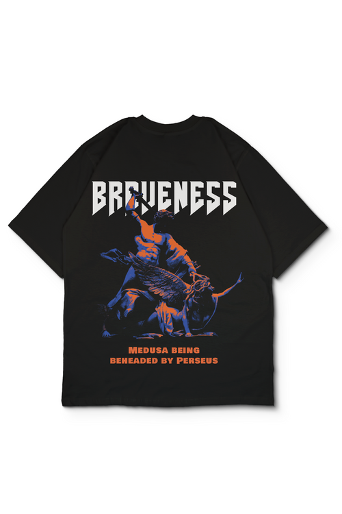 An Oversized t-shirt laid flat against a white background. The shirt features a large graphic print on the back depicting a perseus beheading Medusa, with the word 'BRAVENESS' in stylized white letters above and orange text below reading 'MEDUSA BEING BEHEADED BY PERSEUS'. Design by bakaka.