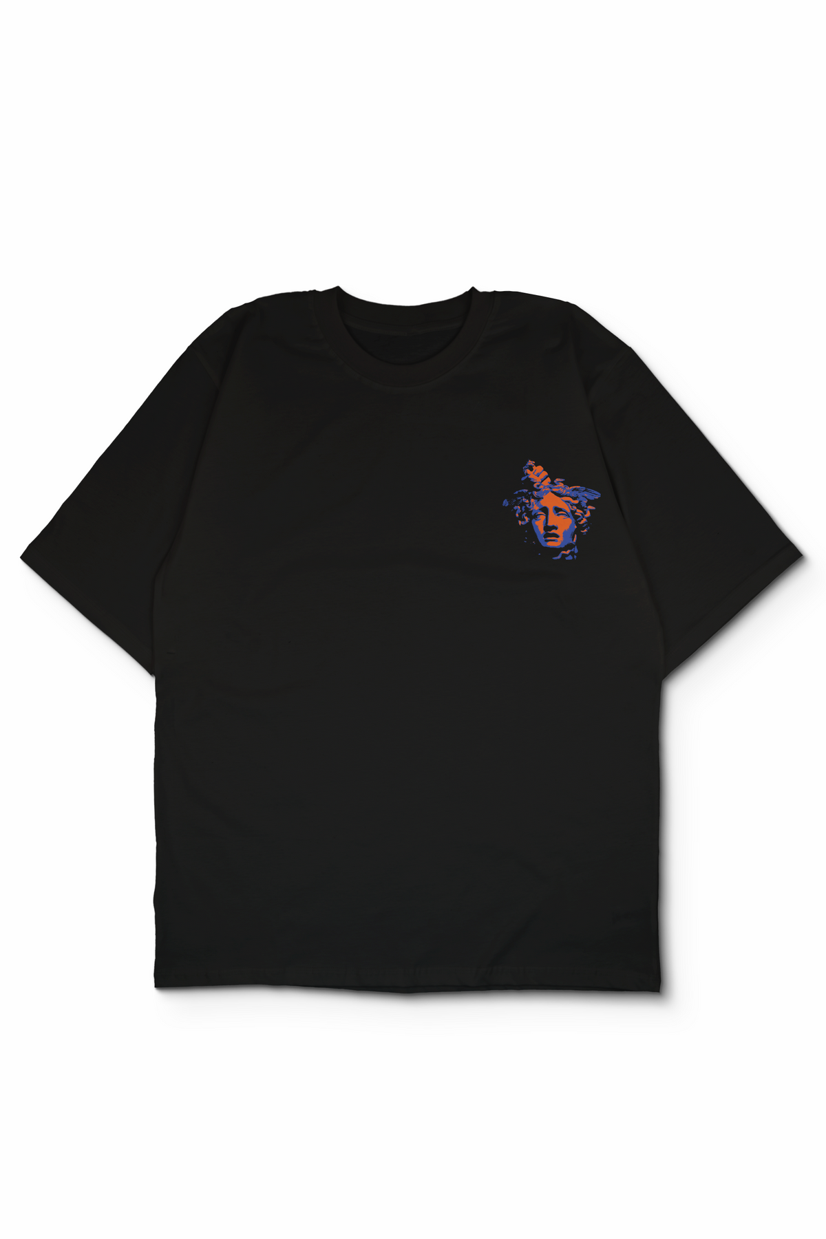 An Oversized t-shirt with a small colorful graphic on the left chest, displayed flat against a white background showing beheaded head of medusa held by perseus. Design by bakaka.
