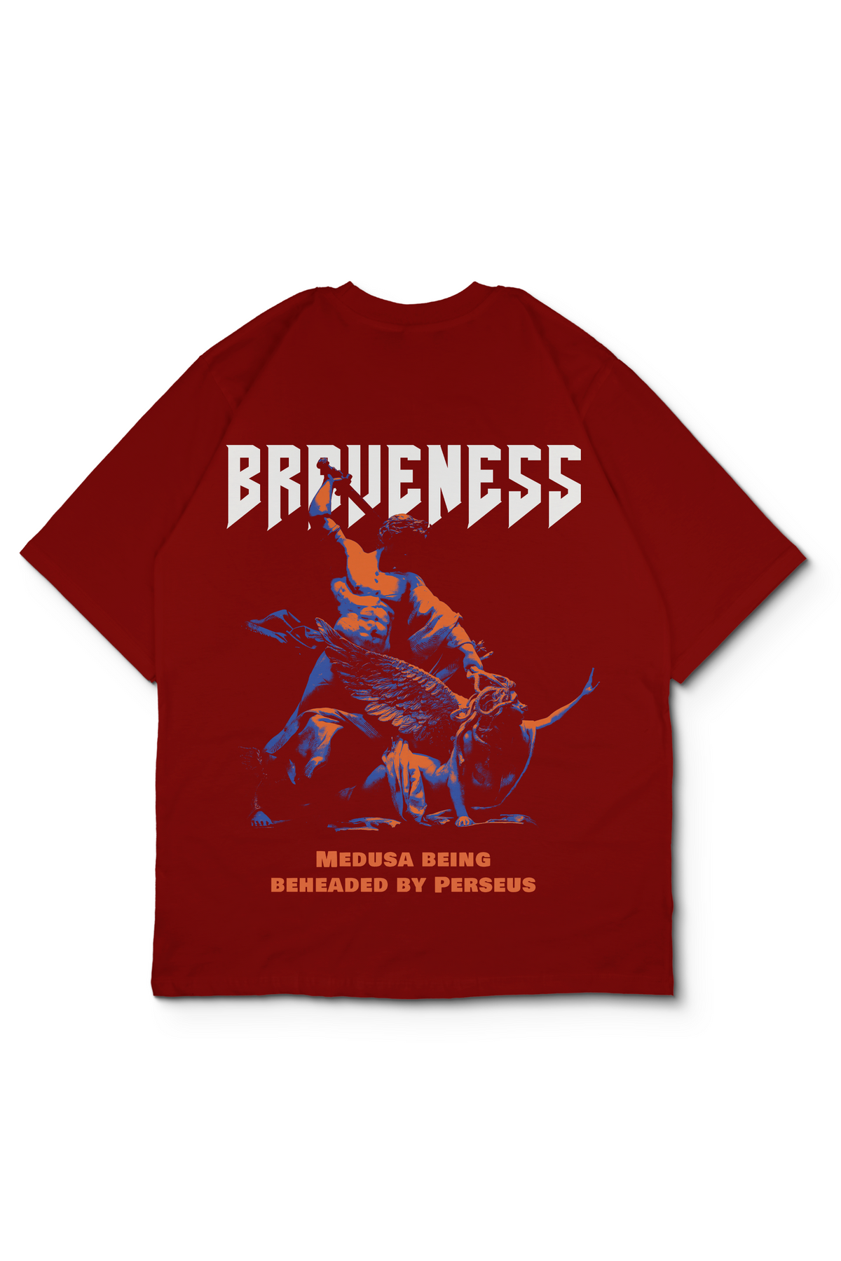 An Oversized t-shirt laid flat against a white background. The shirt features a large graphic print on the back depicting a perseus beheading Medusa, with the word 'BRAVENESS' in stylized white letters above and orange text below reading 'MEDUSA BEING BEHEADED BY PERSEUS'. Design by bakaka.