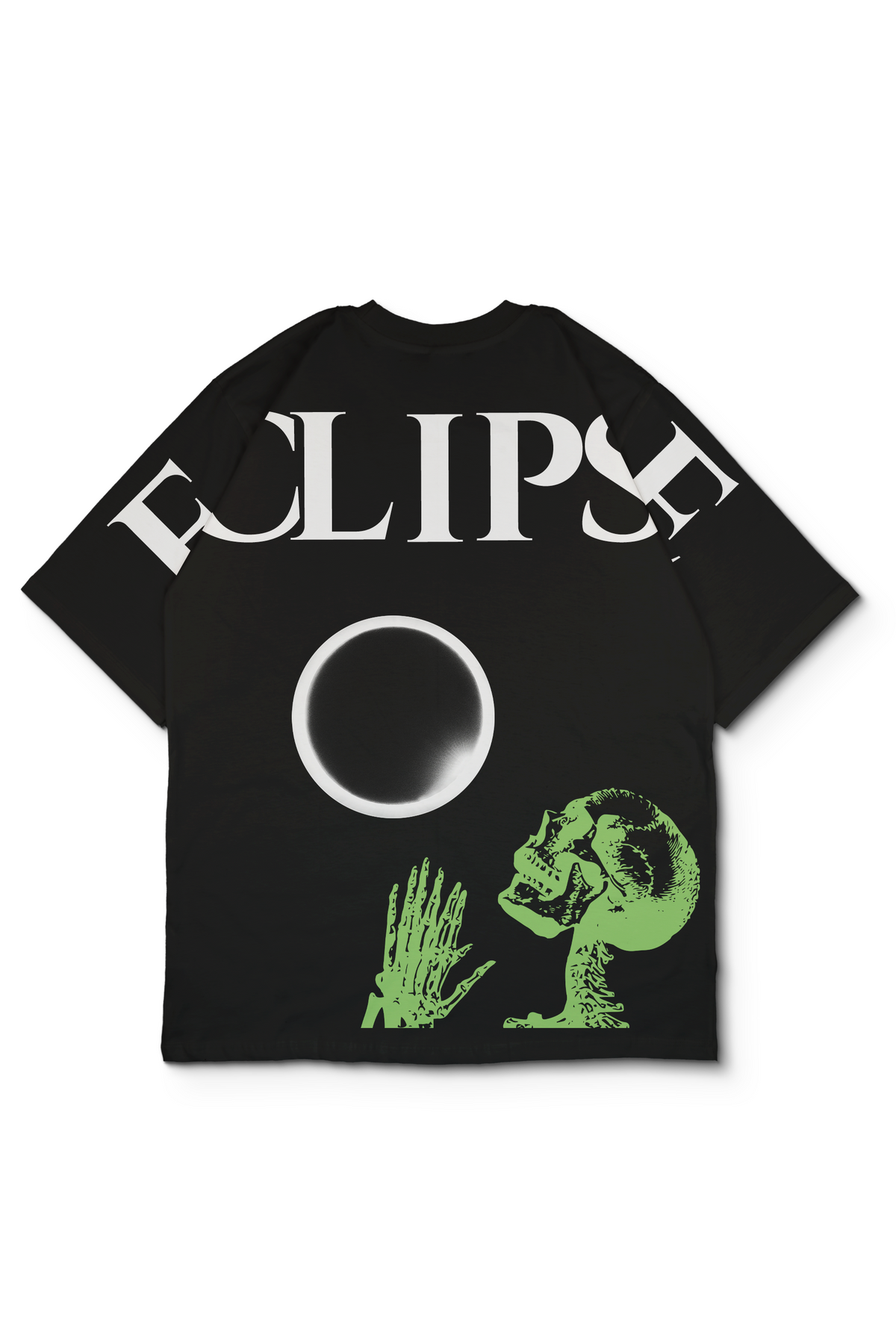 An oversized off white-colored t-shirt featuring a black graphic print of the word 'ECLIPSE' across the shoulder, moon in the center, and a green skull and hand graphic on the lower front. Design by bakaka.
