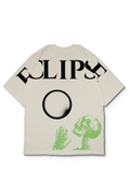 An oversized off white-colored t-shirt featuring a black graphic print of the word 'ECLIPSE' across the shoulder, moon in the center, and a green skull and hand graphic on the lower front. Design by bakaka.