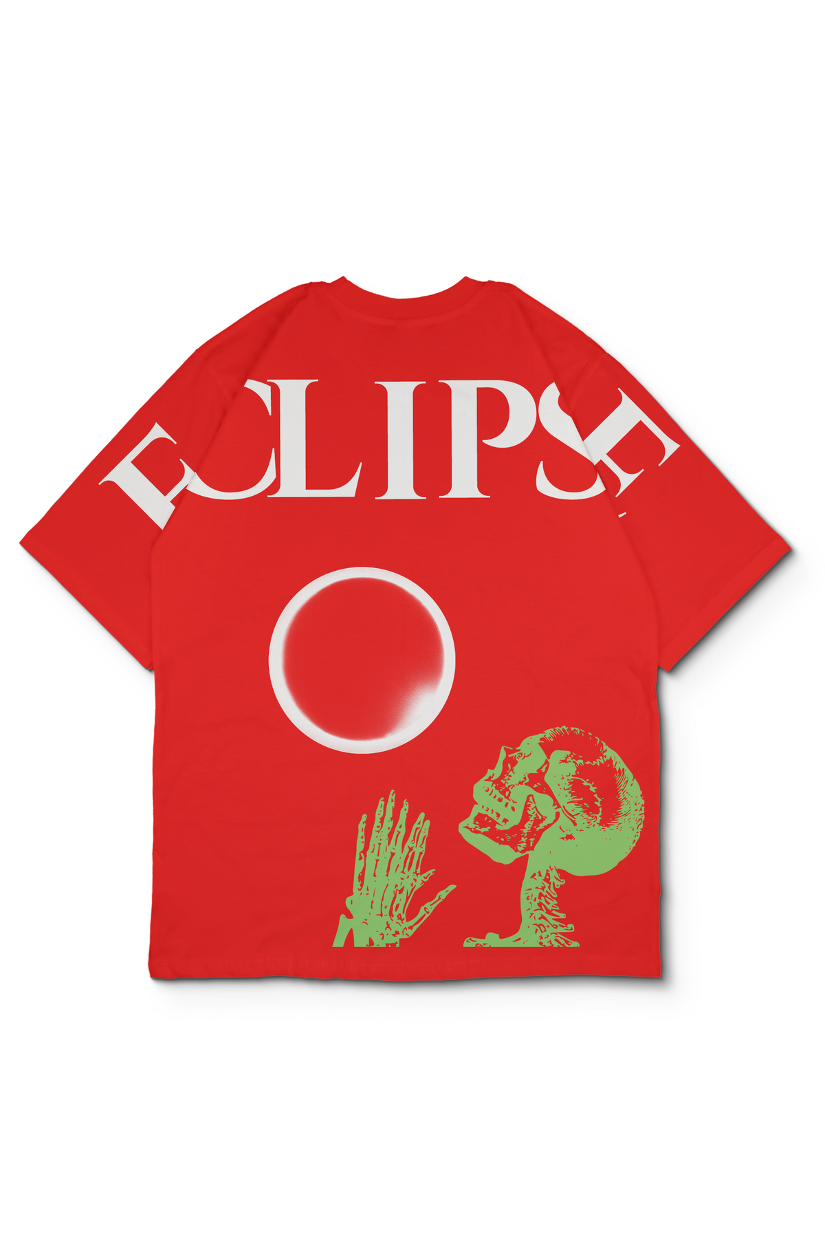 An oversized off white-colored t-shirt featuring a black graphic print of the word 'ECLIPSE' across the shoulder, moon in the center, and a green skull and hand graphic on the lower front. Design by bakaka.