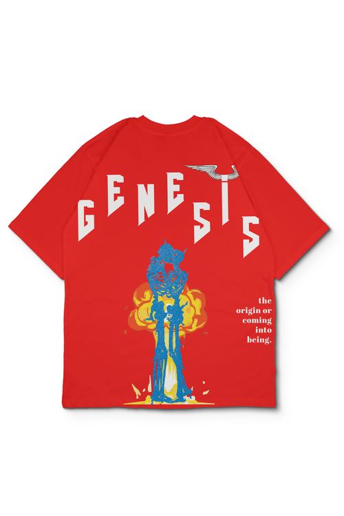 A red short-sleeve t-shirt with a graphic print on the front. The design features the word 'GENESIS' in large white letters above a blue and yellow illustration of a figure, with a small white dove at the top and white text on the right reading 'the origin of coming into being.