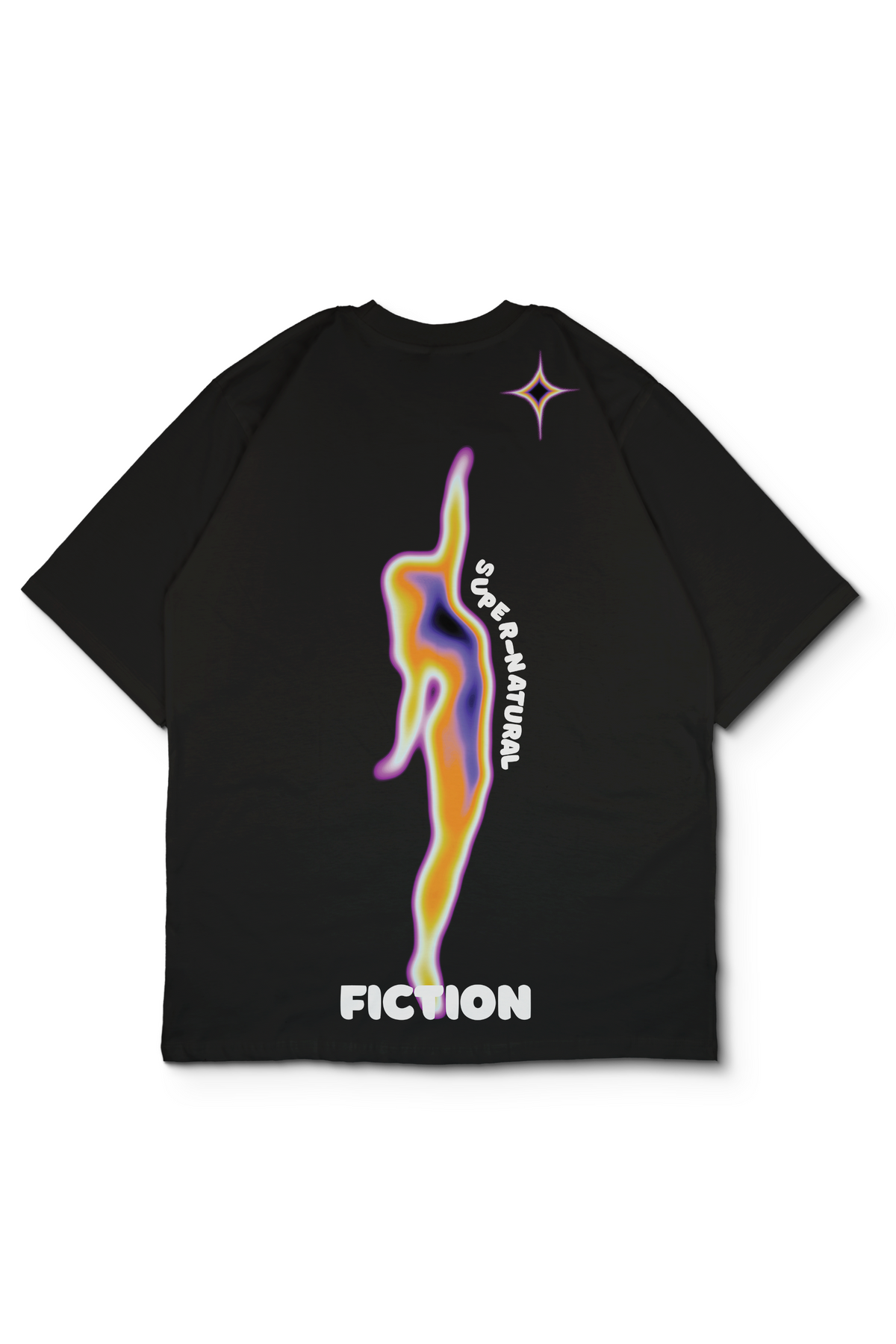 An Oversized t-shirt with a graphic on the back featuring a stylized, colorful abstract female silhouette in yellow, blue, and purple, from the painting, "reaching for the moon" by Edward Mason Eggleston, with the text 'SUPER-NATURAL' and 'FICTION' in white. Design by bakaka.