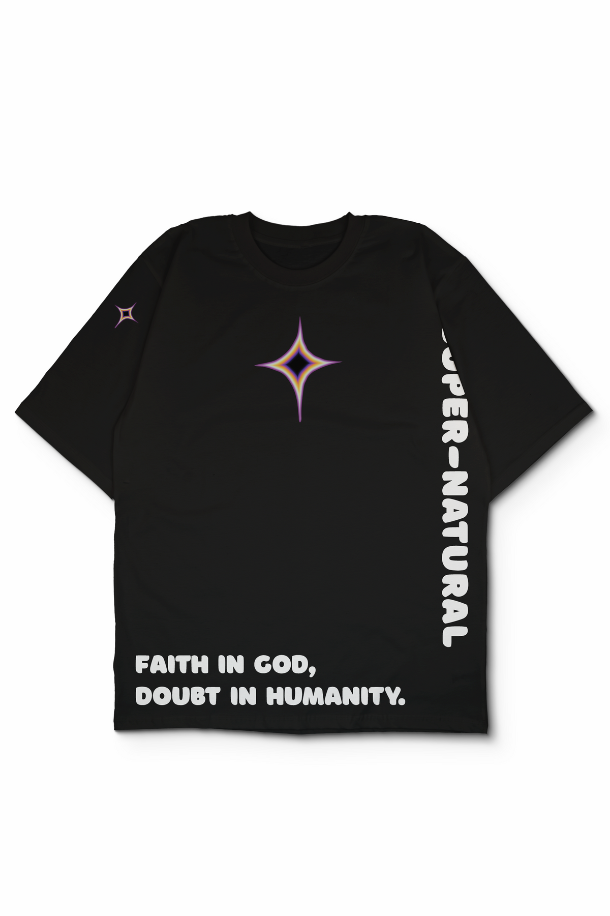 An Oversized t-shirt with white text and graphic prints. The front features a stylized multi-pointed star logo in the center, the phrase 'FAITH IN GOD, DOUBT IN HUMANITY" written in the bottom and "SUPERNATURAL" in the left side. Design by Bakaka.