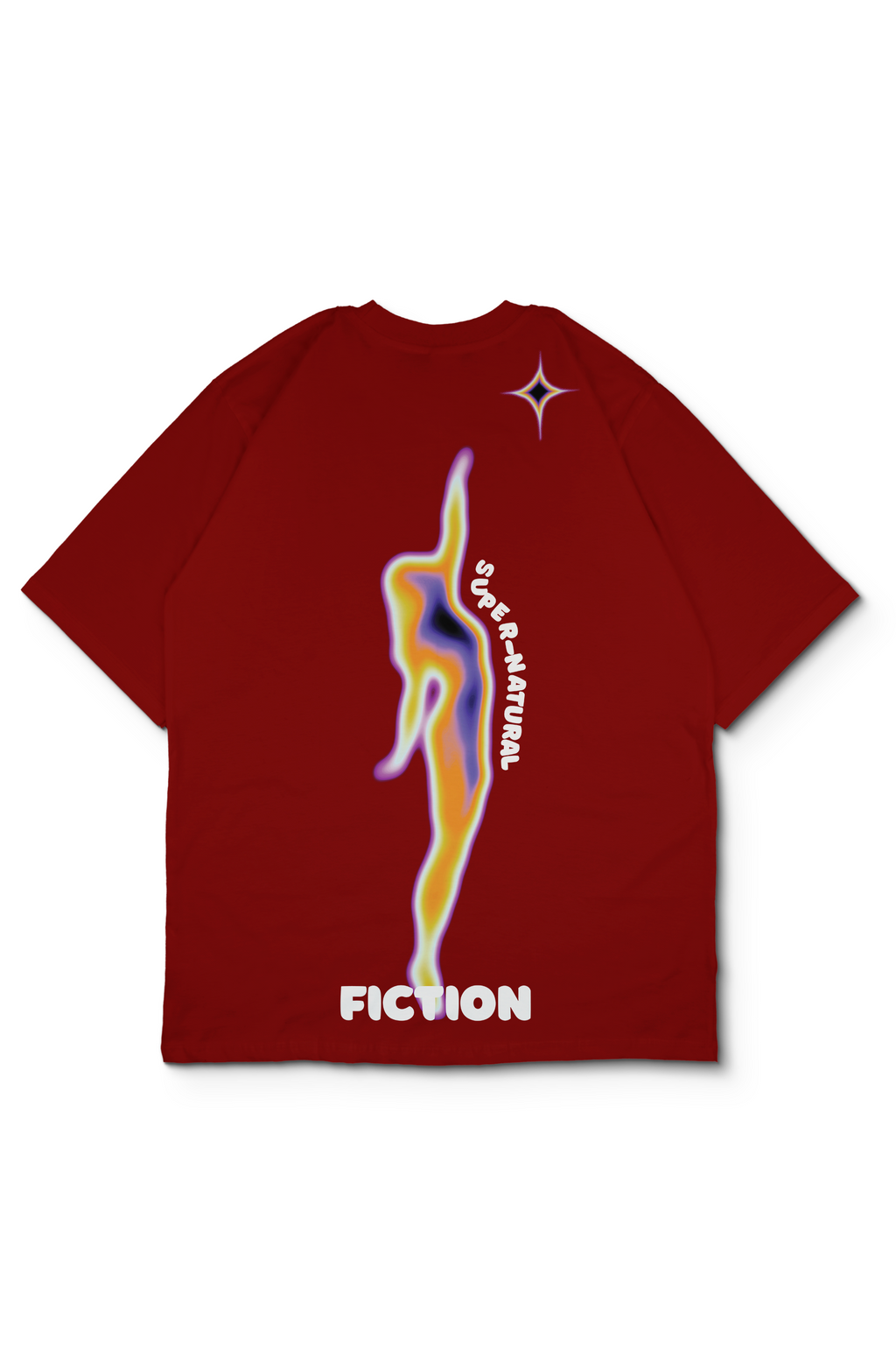 An Oversized t-shirt with a graphic on the back featuring a stylized, colorful abstract female silhouette in yellow, blue, and purple, from the painting, "reaching for the moon" by Edward Mason Eggleston, with the text 'SUPER-NATURAL' and 'FICTION' in white. Design by bakaka.