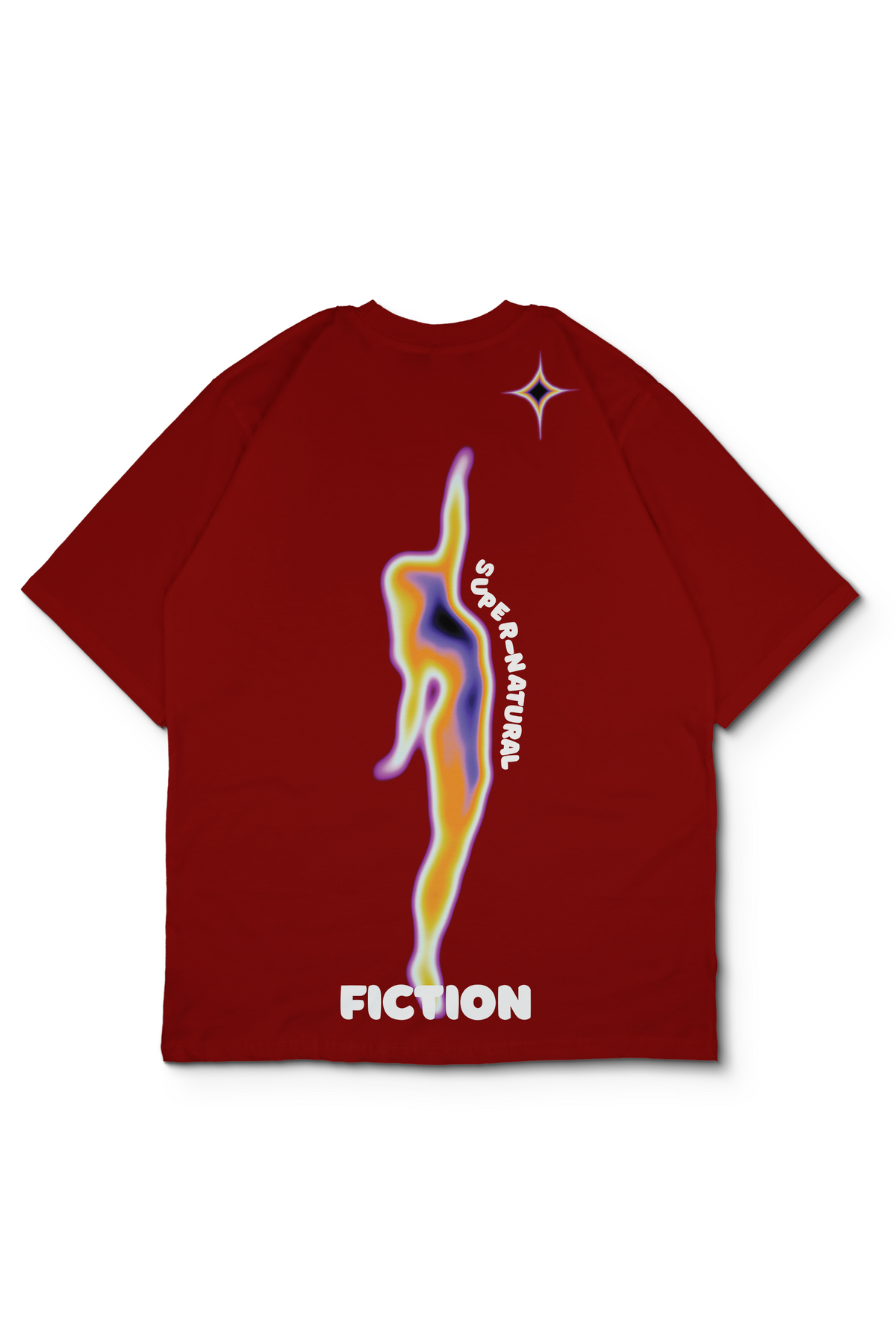 An Oversized t-shirt with a graphic on the back featuring a stylized, colorful abstract female silhouette in yellow, blue, and purple, from the painting, "reaching for the moon" by Edward Mason Eggleston, with the text 'SUPER-NATURAL' and 'FICTION' in white. Design by bakaka.