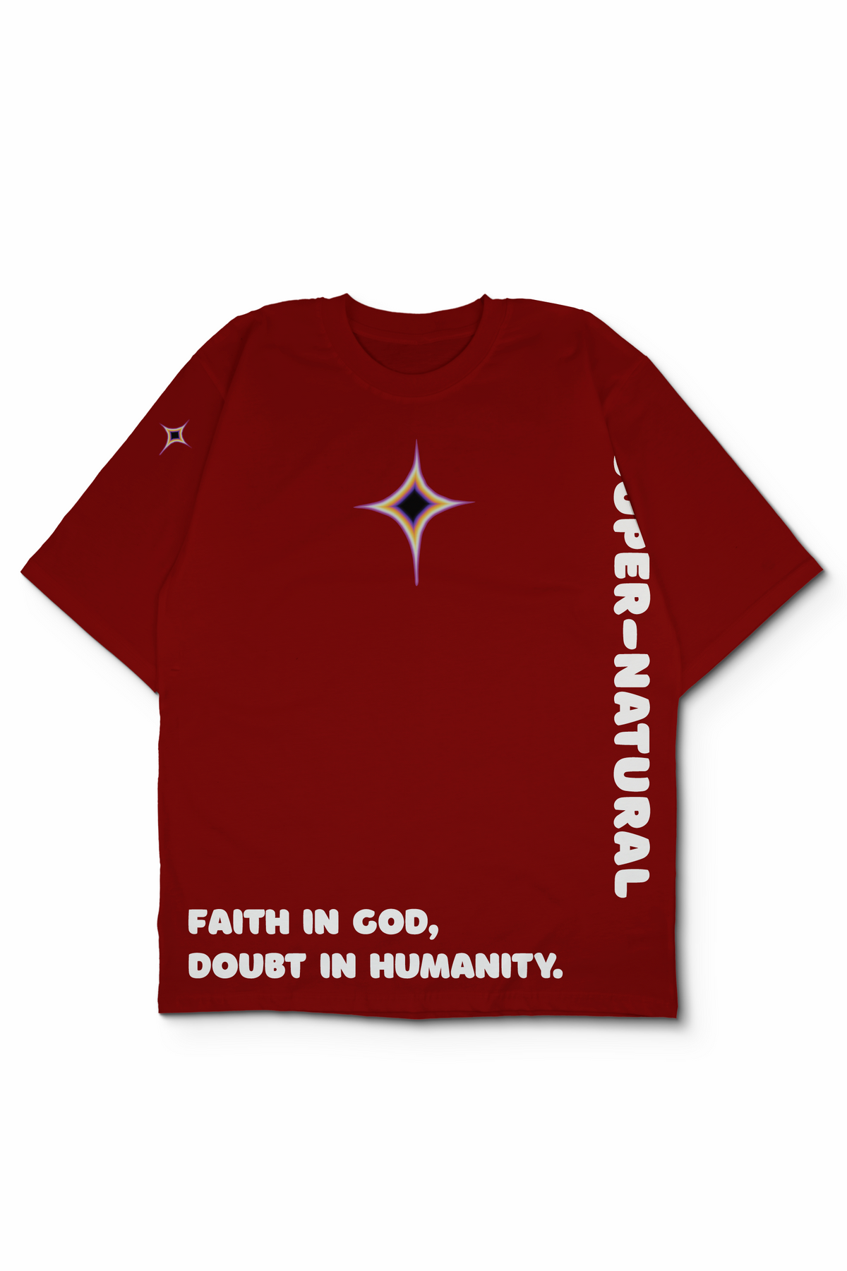 An Oversized t-shirt with white text and graphic prints. The front features a stylized multi-pointed star logo in the center, the phrase 'FAITH IN GOD, DOUBT IN HUMANITY" written in the bottom and "SUPERNATURAL" in the left side. Design by Bakaka.