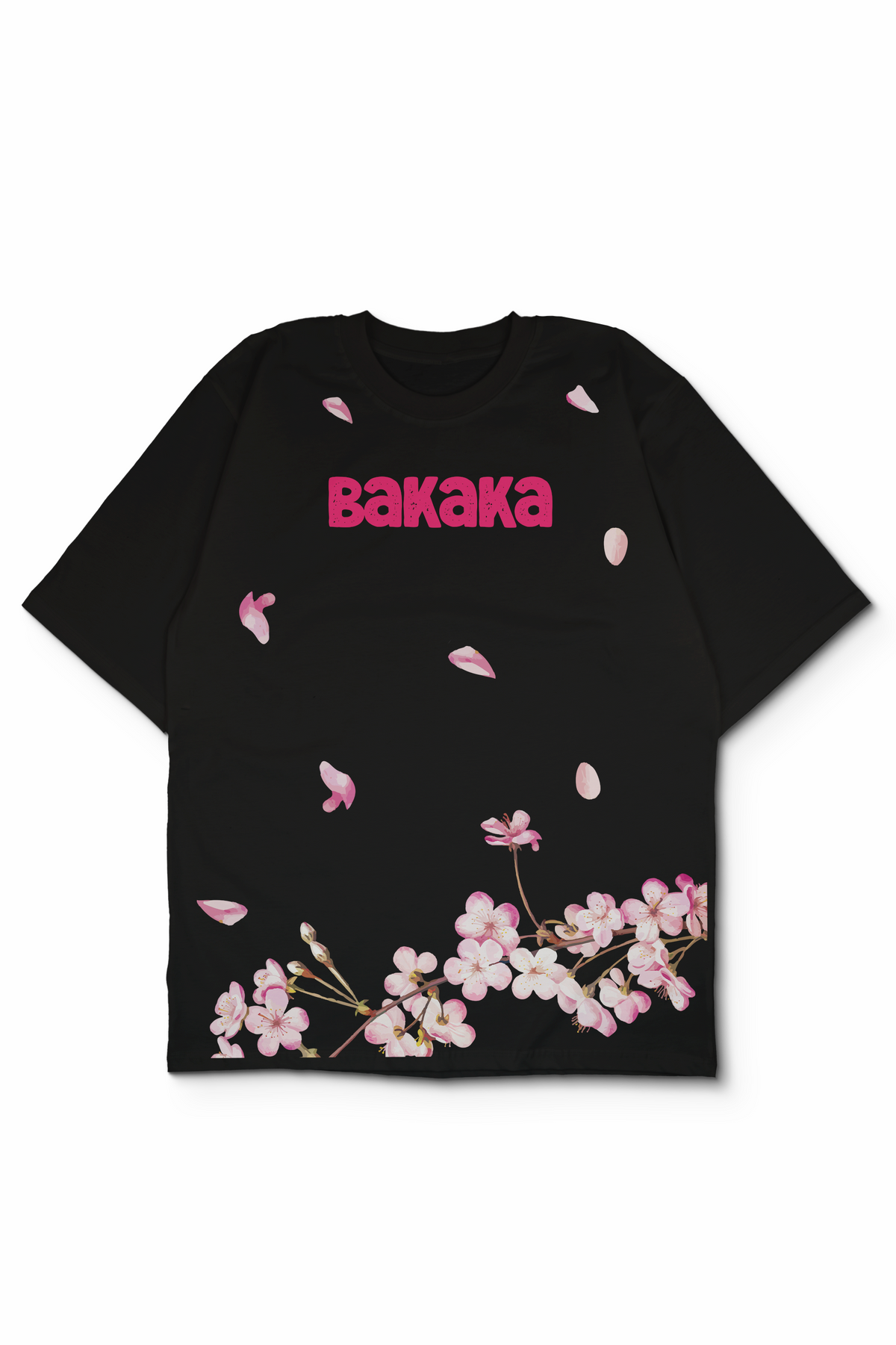 A white short-sleeve t-shirt featuring the brand name 'Bakaka' printed in bold pink letters across the chest, decorated with scattered pink cherry blossom petals and a watercolor-style branch of pink blossoms along the bottom hem.