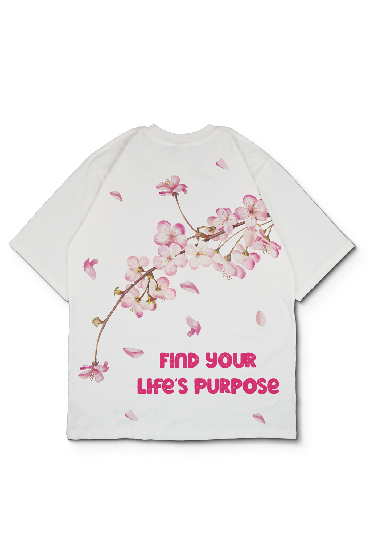 A white short-sleeve t-shirt with a pink cherry blossom sakura graphic and the text 'FIND YOUR LIFE'S PURPOSE' printed on the back, displayed against a solid white background.
