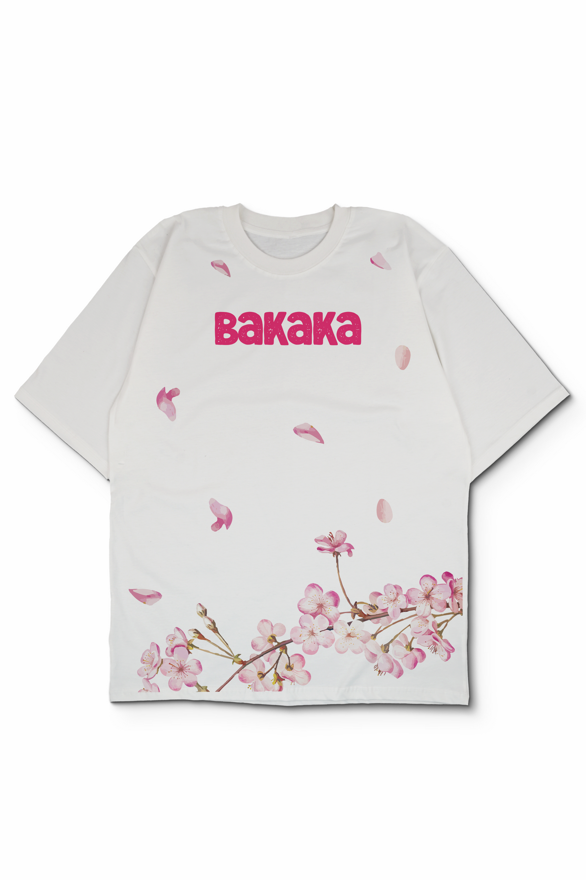 A white short-sleeve t-shirt featuring the brand name 'Bakaka' printed in bold pink letters across the chest, decorated with scattered pink cherry blossom petals and a watercolor-style branch of pink blossoms along the bottom hem.