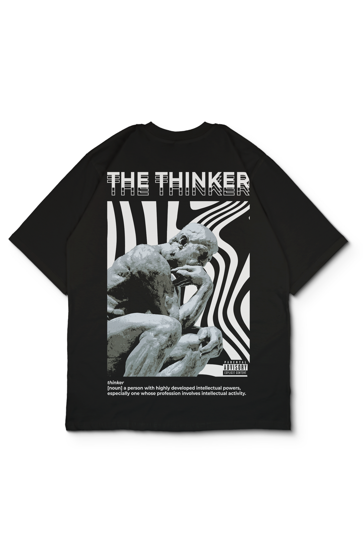 An Oversized t-shirt featuring a large white and gray print on the back. The graphic includes the text 'THE THINKER' and its definition above a grayscale sculpture image with wavy black lines, and smaller white text below. Design by bakaka.