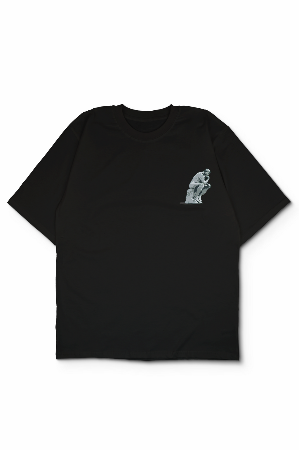 An Oversized t-shirt featuring a small light gray graphic of a classical statue on the left chest, displayed against a clean white background. The Thinker by Auguste Rodin. Design by Bakaka.