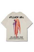 A graphic print of a winged figure holding a sword and blue arrows, with stylized white text on the back. Villain arc and it's definition by Bakaka.