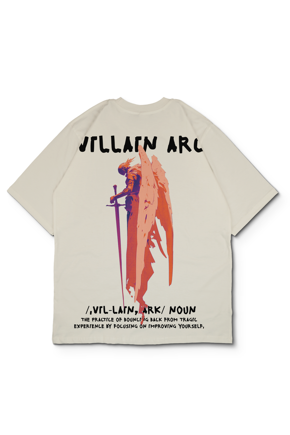 A graphic print of a winged figure holding a sword and blue arrows, with stylized white text on the back. Villain arc and it's definition by Bakaka.