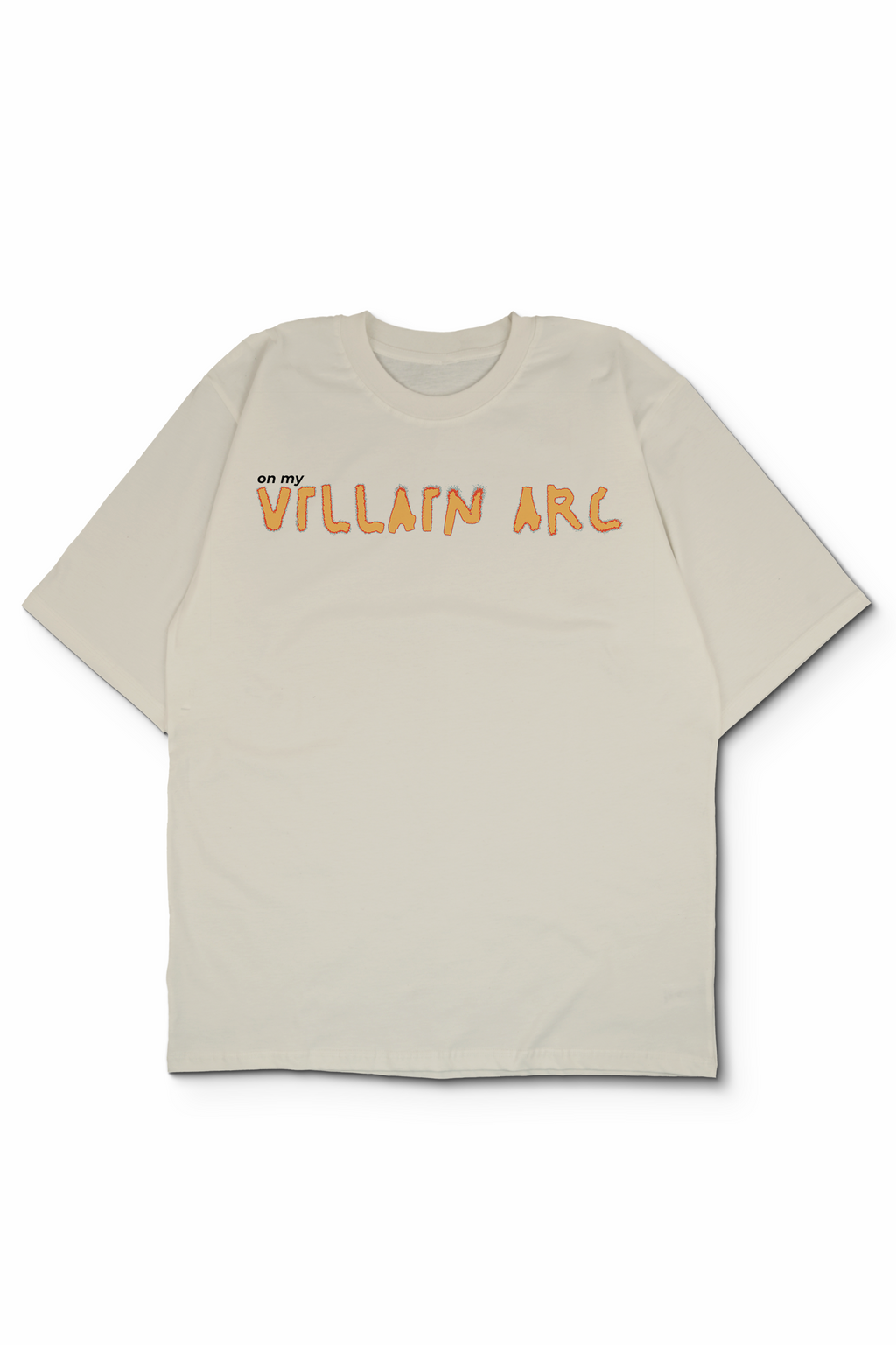 An Oversized t-shirt with 'on my VILLAIN ARC' printed across the chest in a textured yellow font, displayed on a clean white background by Bakaka.