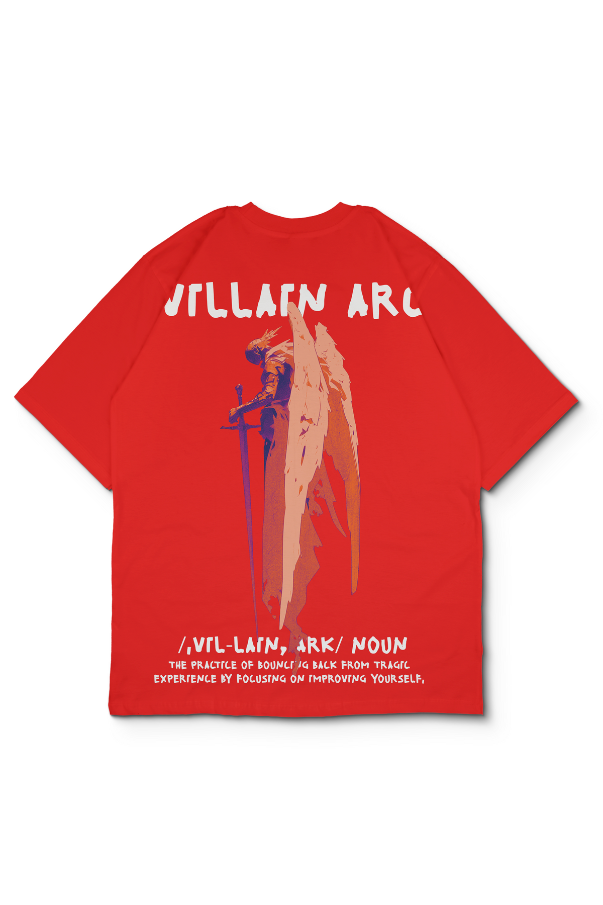 A graphic print of a winged figure holding a sword and blue arrows, with stylized white text on the back. Villain arc and it's definition by Bakaka.