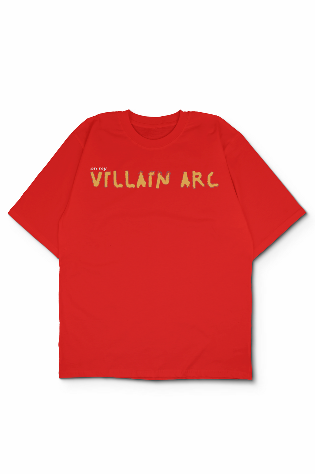 An Oversized t-shirt with 'on my VILLAIN ARC' printed across the chest in a textured yellow font, displayed on a clean white background by Bakaka.