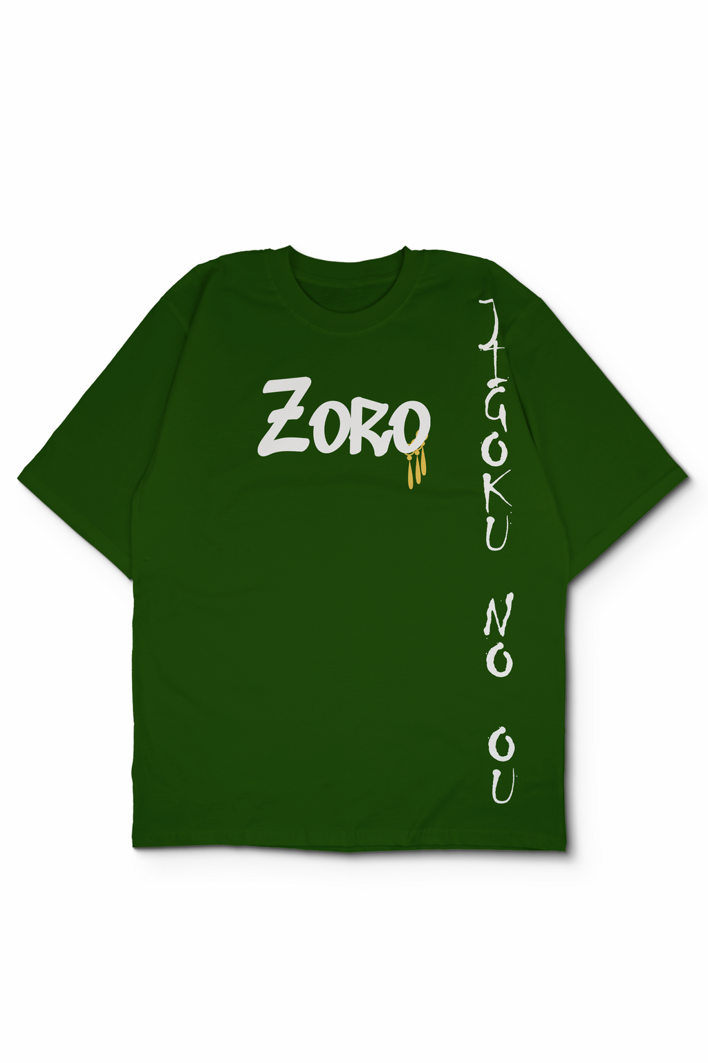 An Oversized t-shirt with white graphic text on the front reading 'ZORO' and vertical white text on the side reading 'JIGOKU NO OU', displayed on a clean white background. Design By bakaka.